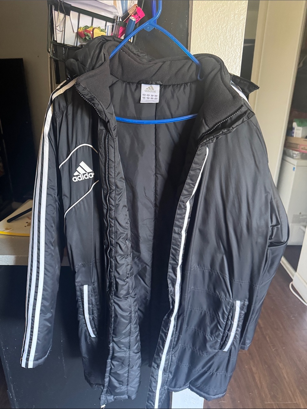 adidas Black Puffer Coat with White Stripes